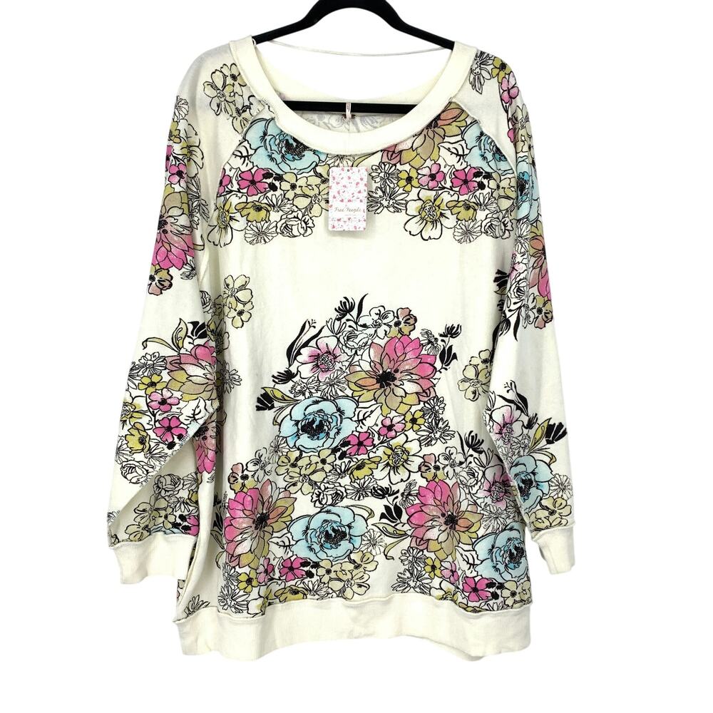 Free People Go On Get Floral Sweatshirt Womens Sz M Cream Oversized Pullover NEW